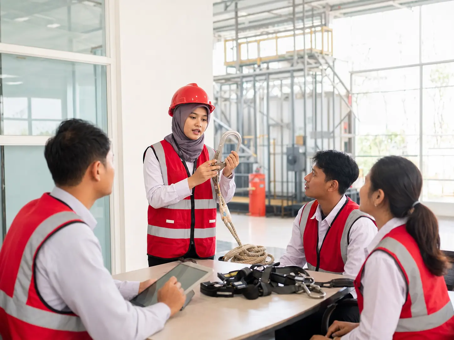 Instruktur K3 memberikan pembelajaran praktik keselamatan kepada peserta pelatihan