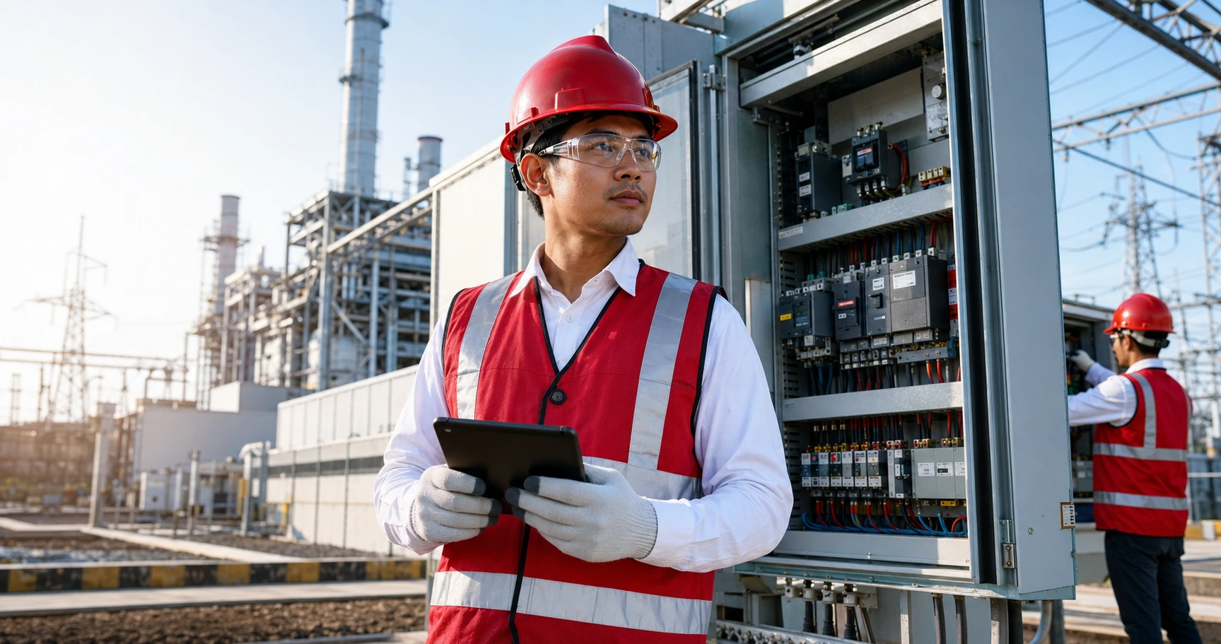 Profesional K3 memakai helm merah dan rompi safety mengawasi panel listrik di area power plant