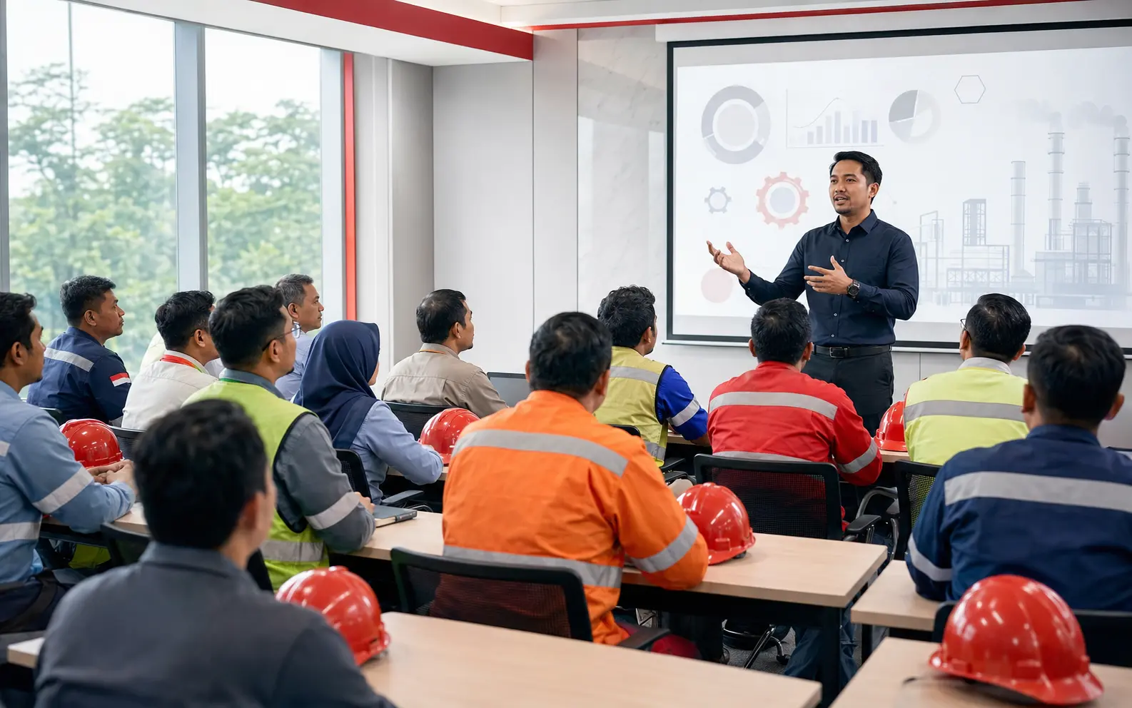 Trainer profesional mengajar peserta dari kalangan pekerja industri dalam kelas Training of Trainer BNSP