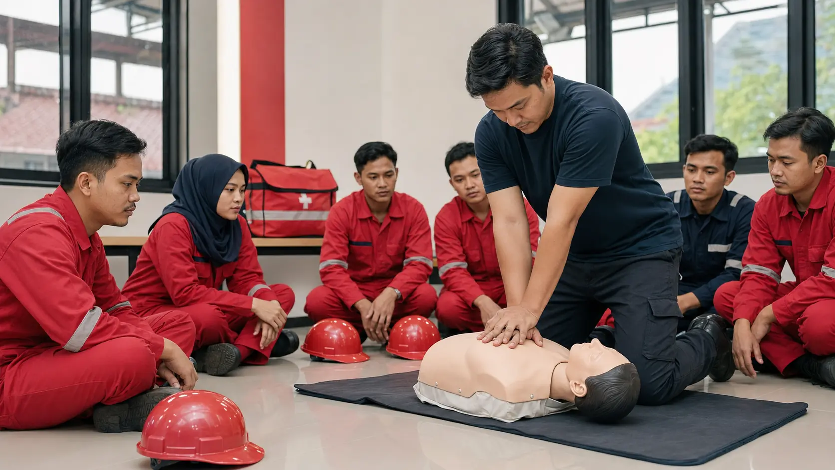Instruktur memperagakan RJP kepada peserta pelatihan Petugas P3K Kemnaker di Yogyakarta
