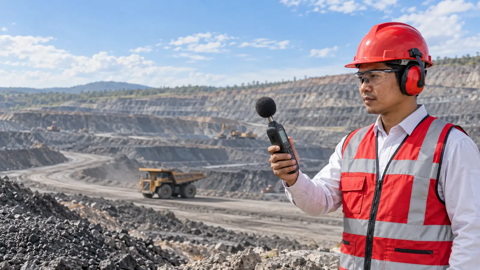 Petugas K3 berhelm merah dan rompi safety mengukur kebisingan dengan sound level meter di area pertambangan